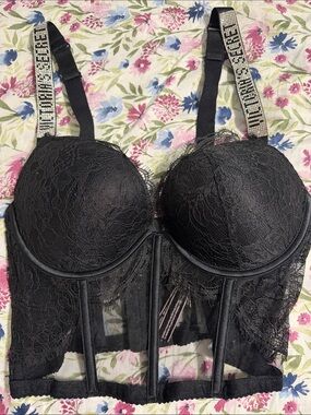 PINK Victoria's Secret Black Lace Longline Bra with Crystal Logo Straps